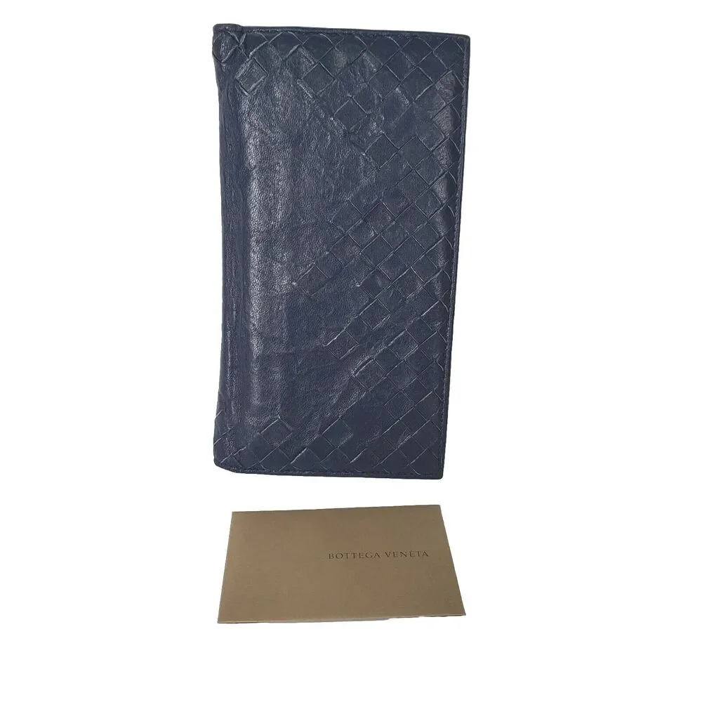 BOTTEGA VENETA Interatiato Woven Blue Leather Bifold Wallet Large Multi‎ Card
